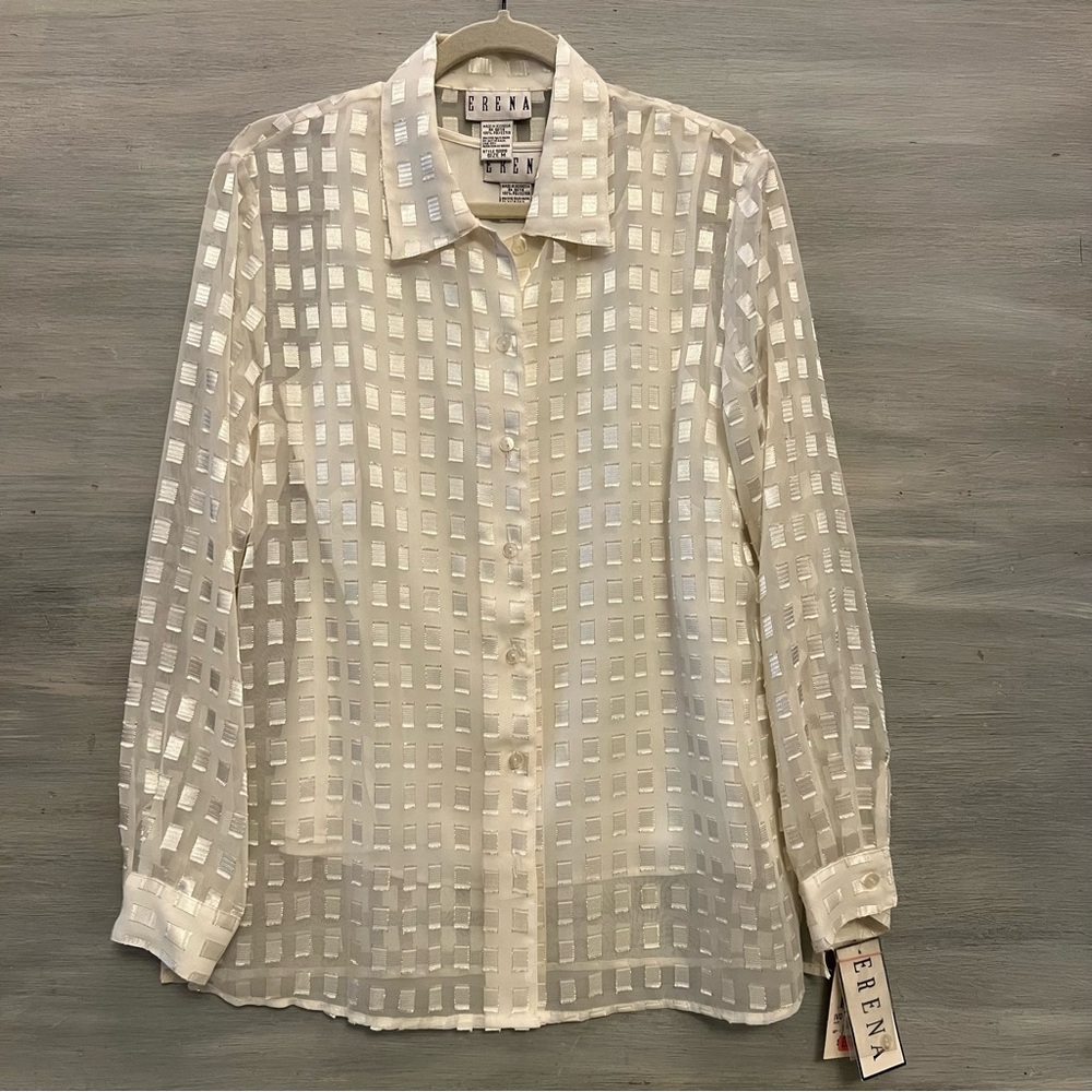 ERENA 2 Piece Sheer Cream Gold Square Pattern Button‎ Down Blouse Medium NWT